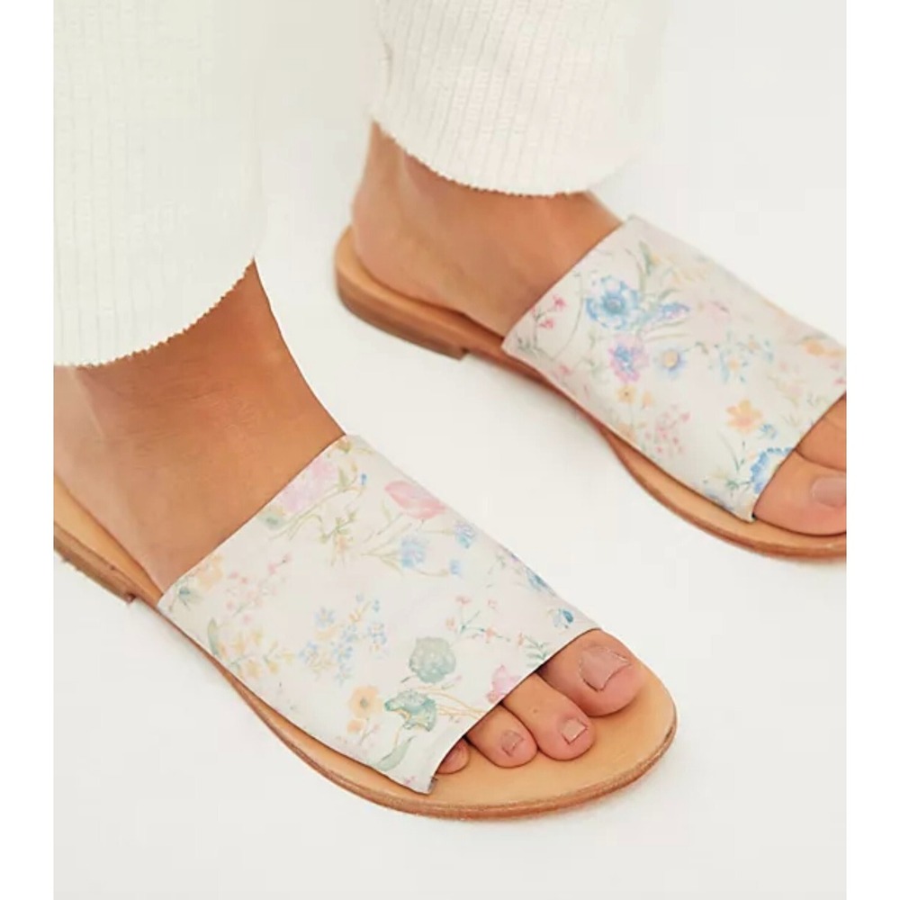 NEW‎ $78 FREE PEOPLE Vicente Leather Slide Sandals Natural Floral SZ 5.5 EU 36